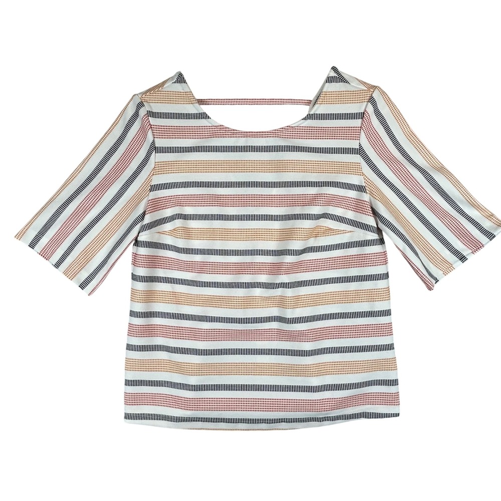 Porridge Clothing Women XS‎ Striped Short Sleeve Open Back Blouse White Multi